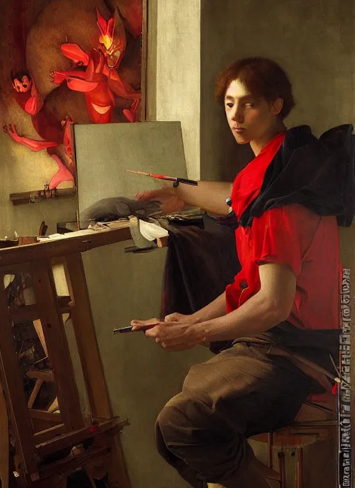 Image similar to a young painter in his studio painting a picture of a red pokemon, by edgar maxence and caravaggio and michael whelan and delacroix style, artistic, intricate drawing, cinematic lighting, hyper realistic, extremely detailed, establishing shot, 8 k resolution, dramatic lighting