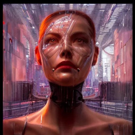 Image similar to detailed face of a biomechanical woman, moment, cyberpunk cloisters, electronic billboards, tech noir, wet reflections, prism, atmospheric, ambient, pj crook, syd mead, livia prima, greg rutkowski, edward hopper