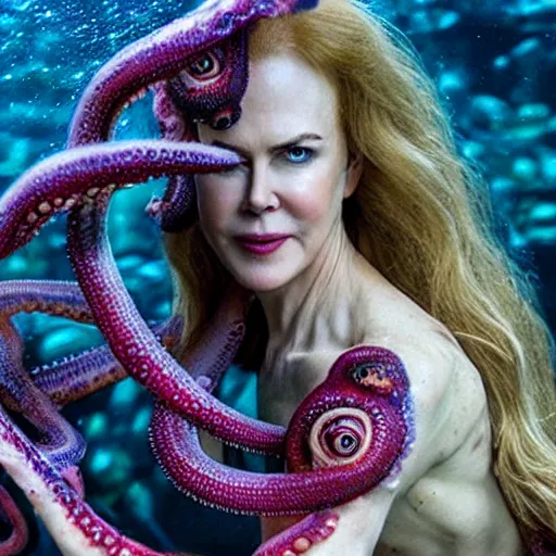 Image similar to Nicole Kidman as octopus woman (superhero), dramatic cinematic portrait, underwater