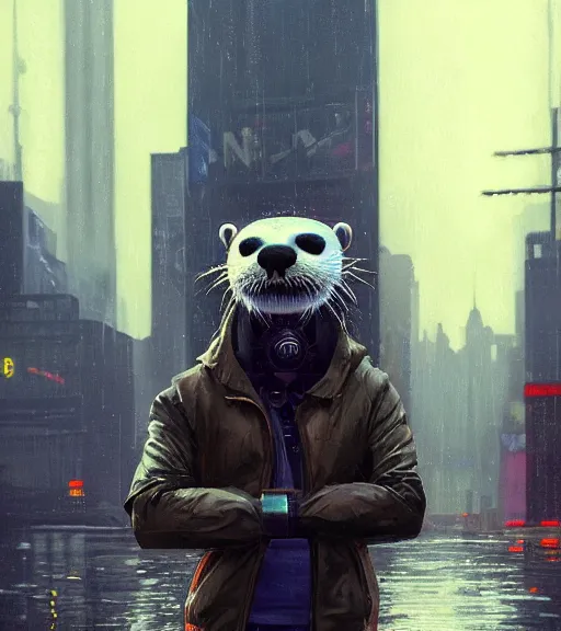 Image similar to new york city portrait of furry anthro anthropomorphic river otter head animal person fursona wearing clothes strange cybernetic muzzle gloomy rainy screenshot from the video game cyberpunk 2077 digital art by Greg Rutkowski, Simon Stalenhag, christopher nolan trending on Artstation, CGSociety