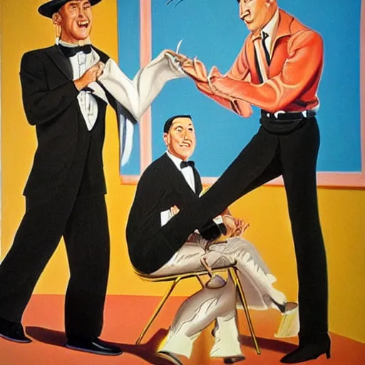 Image similar to beautiful lifelike painting of gene kelly demanding a refund on undercooked overpriced dinosaur steak in downtown dive bar bistro, hyperreal detailed facial features and uv lighting, art by ed roth, ryu noguchi and basil wolverton
