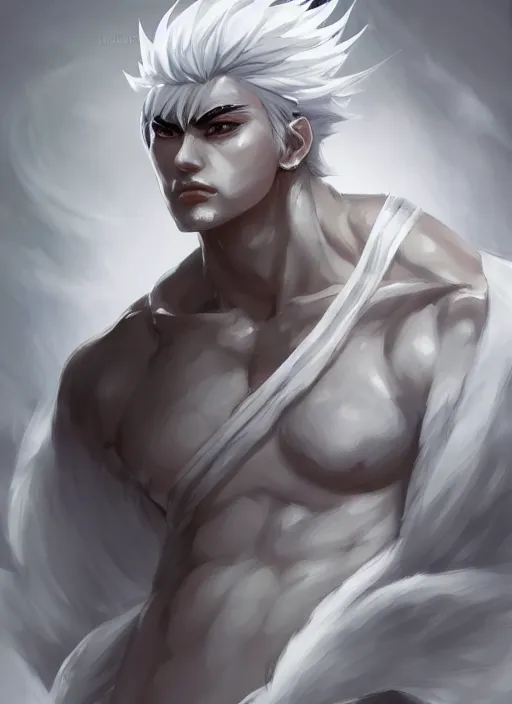 Image similar to a highly detailed illustration of fierce white haired attractive young japanese man wearing white hakama, black eyes, dramatic pose, muscular, intricate, elegant, highly detailed, centered, digital painting, artstation, concept art, smooth, sharp focus, league of legends concept art, wlop