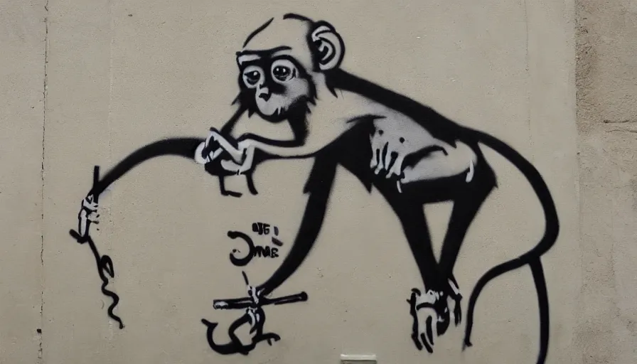 Image similar to Graffiti by Banksy of a monkey in a suit