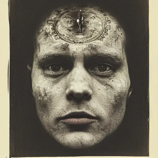 Prompt: a portrait from the spiritual world, dark, front view, by christopher nolan