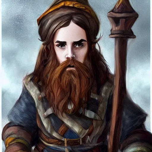 Image similar to a fantasy dwarf that looks like emma watson, fan art