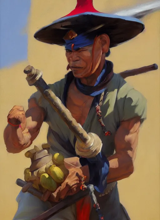 Prompt: greg manchess side portrait of a filipino fighter wearing a jester hat sitting on a tank holding a staff, organic painting, sunny day, matte painting, bold shapes, hard edges, street art, trending on artstation, by huang guangjian, gil elvgren, ruan jia, randy vargas, greg rutkowski