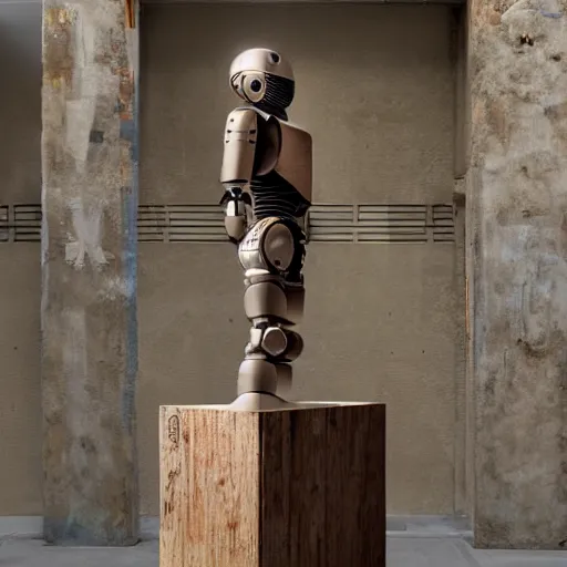 Image similar to an ultra realistic shot of a wooden art sculpture on a pedestal of a cyberpunk Roman robotic in a contemporary art gallery 8k octa style street art