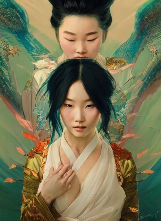 Prompt: portrait of mulan, dragon, green spike aura in motion, floating pieces, painted art by tsuyoshi nagano, greg rutkowski, artgerm, alphonse mucha, spike painting