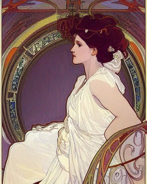 Prompt: painting alphonse mucha, the interior of the opera house, in the hollow of the hall a singer in a white dress on a lighted stage, palette of pastel colors