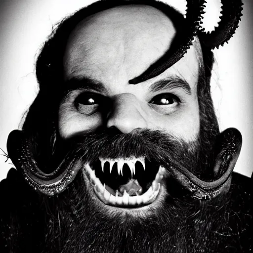 Prompt: bearded man with living teeth and tentacles in the style of the horror film The Thing 1982. Filmic.