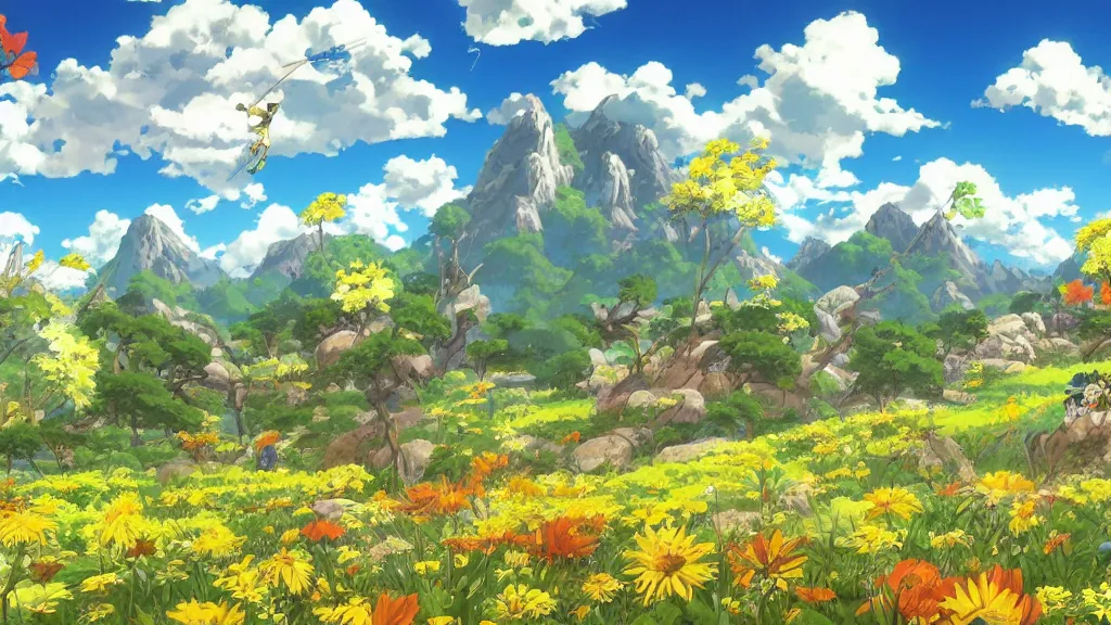 Image similar to fantastic anime sunny meadow with flowers, lone old Oak in the middle plane and mountains on the background, by Hayao Miyazaki, nausicaa of the valley of the wind, studio Ghibli style, Anime wallpaper, stunning