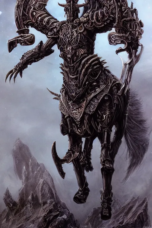 Prompt: full body concept art of Horse wearing baphomet armor made with porcelain by Jeff Easley and Peter Elson + beautiful eyes, beautiful face + symmetry face + galaxy + gothic, surreal, dread + highly detailed, intricate complexity, epic composition, magical atmosphere + masterpiece, award winning + trending on artstation