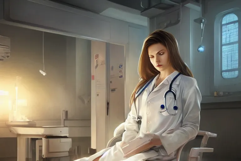 Image similar to a poster of emergency room, an elegant and beautiful female doctor in a white coat in a hospital ward, cinematic, highly detailed, digital painting, artstation, concept art, matte, sharp focus, illustration, art by artgerm and greg rutkowski