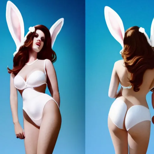 Image similar to detailed photo of lana del rey wearing a playboy bunny outfit, bunny ears, 8 k, by greg rutkowski, artgerm, in the style of playboy magazine