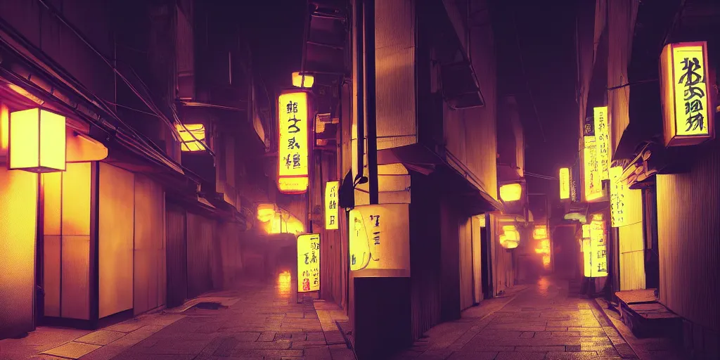 Prompt: a japanese alleyway at night, in the style of blade runner 2049, volumetric lighting