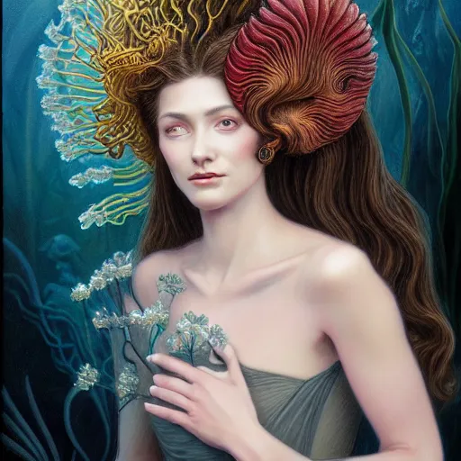 Image similar to facial portrait of a young pretty woman in flowing dress, arrogant, mysterious, long fine flowing hair, delicate, looking at camera, slightly awkward smile, realistic face, hands behind back, stylish, elegant, grimdark fantasy, flowers, extremely detailed painting inspired by Gerald Brom and Ernst Haeckel and Kaluta