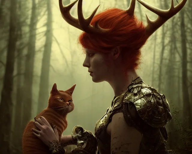 Image similar to 5 5 mm portrait photo of an armored gorgeous aesthetic redhead woman warrior with a face tattoo and antlers growing from her head and cat on her shoulder, in a magical forest. dark atmosphere. art by greg rutkowski. highly detailed 8 k. intricate. lifelike. soft light. nikon d 8 5 0.