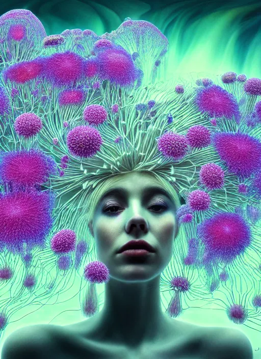 Prompt: hyper detailed 3d render like a painting - Aurora (Singer) seen Eating of the Strangling network of yellowcake aerochrome and milky Fruit and Her delicate Hands hold of gossamer polyp blossoms bring iridescent sloppy fungal flowers whose spores black the foolish stars by Jacek Yerka, Mariusz Lewandowski, Houdini algorithmic generative render, Abstract brush strokes, Masterpiece, Edward Hopper and James Gilleard, Zdzislaw Beksinski, Mark Ryden, Wolfgang Lettl, hints of Yayoi Kasuma, octane render, 8k