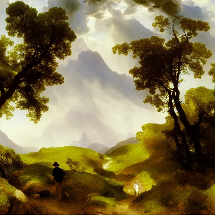 Prompt: artwork about a lonely man walking meandering countryside hills in the far distance, painted by thomas moran and albert bierstadt. monochrome color scheme.