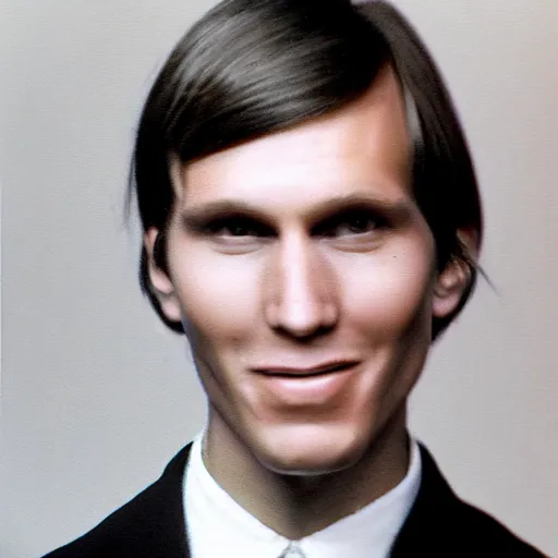 Image similar to A photograph portrait of Jerma985 with short-medium length hair a combover wearing early 1970s menswear in the early 1970s, taken in the early 1970s, grainy, taken on a 1970s Polaroid Camera, realistic, hyperrealistic, very realistic, highly detailed, very detailed, extremely detailed, detailed, digital art, trending on artstation, colorized photo