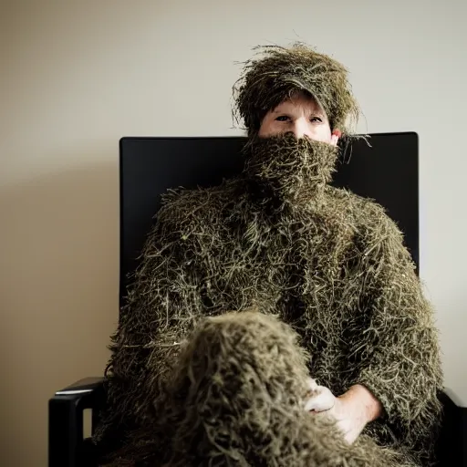 Prompt: a man wearing a ghillie suit sitting in a waiting room, 8k, film still, cinematic, film grain, alexa 65