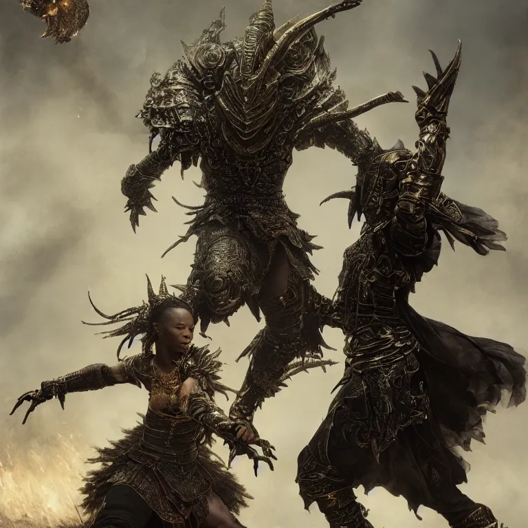 Prompt: dance of black man and a female devil, Dark Souls 3 themed, in style of Ruan Jia, insanely detailed and intricate, golden ratio, elegant, ornate, luxury, elite, matte painting, cinematic, cgsociety, James jean, Brian froud, ross tran, Laputa