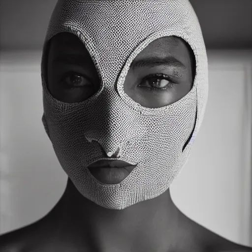 Image similar to realistic! photoshoot for a new dior lookbook, color film photography, portrait of a beautiful woman wearing a balaclava mask, photo in style of tyler mitchell, 35mm lens