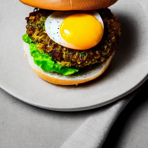 Image similar to juicy vegan hamburger topped with avocado onion and a vegan fried egg, crispy buns, 8 k resolution, food photography, studio lighting, sharp focus, hyper - detailed