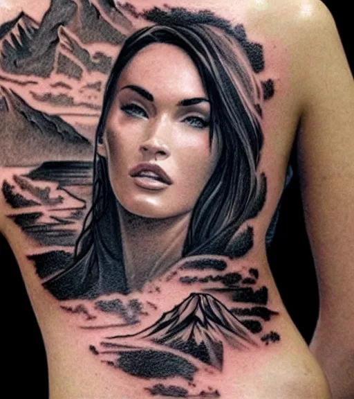 Prompt: double exposure tattoo design sketch of megan fox with beautiful mountain scenery, realism tattoo, in the style of matteo pasqualin, amazing detail, sharp