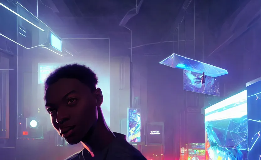 Image similar to single handsome black genius infiltrating the metaverse wearing jordans, curved translucent holographic displays, urban atmosphere, cmyk glowing lights, highly detailed, digital painting, artstation, concept art, smooth, sharp focus, illustration, art by wlop, mars ravelo and greg rutkowski