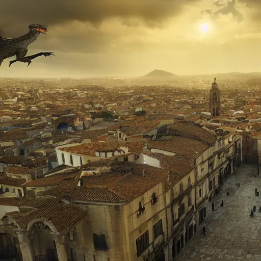 Image similar to the monumental city of caceres with a dragon flying over it, dramatic lighting, cinematic, extremly high detail, photorealistic, cinematic lighting, post processed, concept art, artstation, matte painting, style by greg rutkowsky - 1 0 2 4