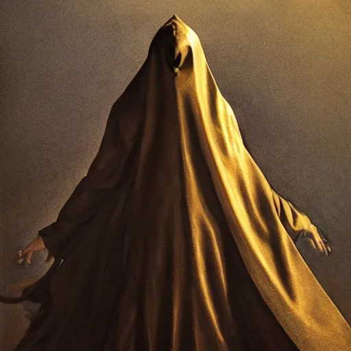 Image similar to a portrait of a young woman wearing a long dark cloak, hood and shadows covering face, holding golden chains, oil painting, matte painting, black background, Volumetric Golden dappled dynamic lighting, Highly Detailed, Cinematic Lighting, Unreal Engine, 8k, HD, by Beksinski