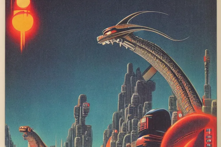 Image similar to 1979 OMNI Magazine Cover of a dragon smiling at the camera in neo-tokyo style by Vincent Di Fate