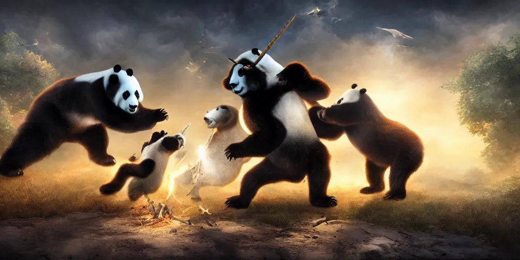 Image similar to giant pandas fighting vs magic unicorns, fantasy apocalypse, digital art, epic battle, unreal engine 5, 4 k,