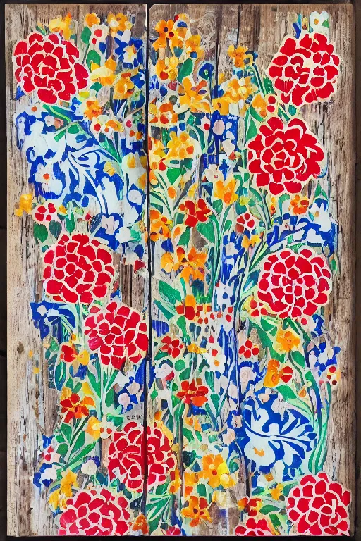 Prompt: beautiful colorful slavic floral pattern painted in acrylic on reclaimed wood