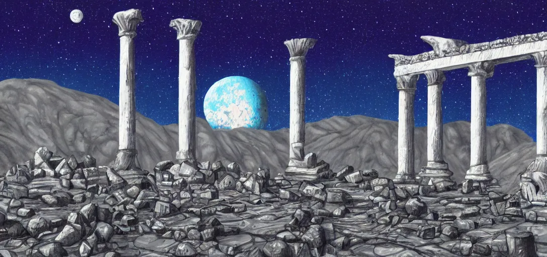 Image similar to The ruins of the Silver Millennium on the moon from Sailor Moon, digital painting, Earth in the distance, Greek-esque columns and ruins