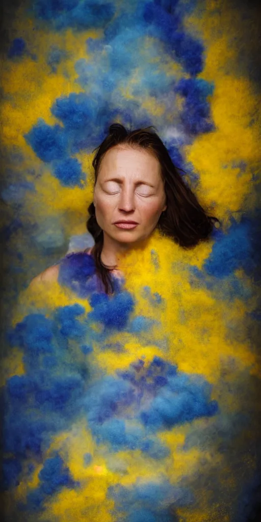 Image similar to woman crying covered in yellow and blue clouds, by kim keever