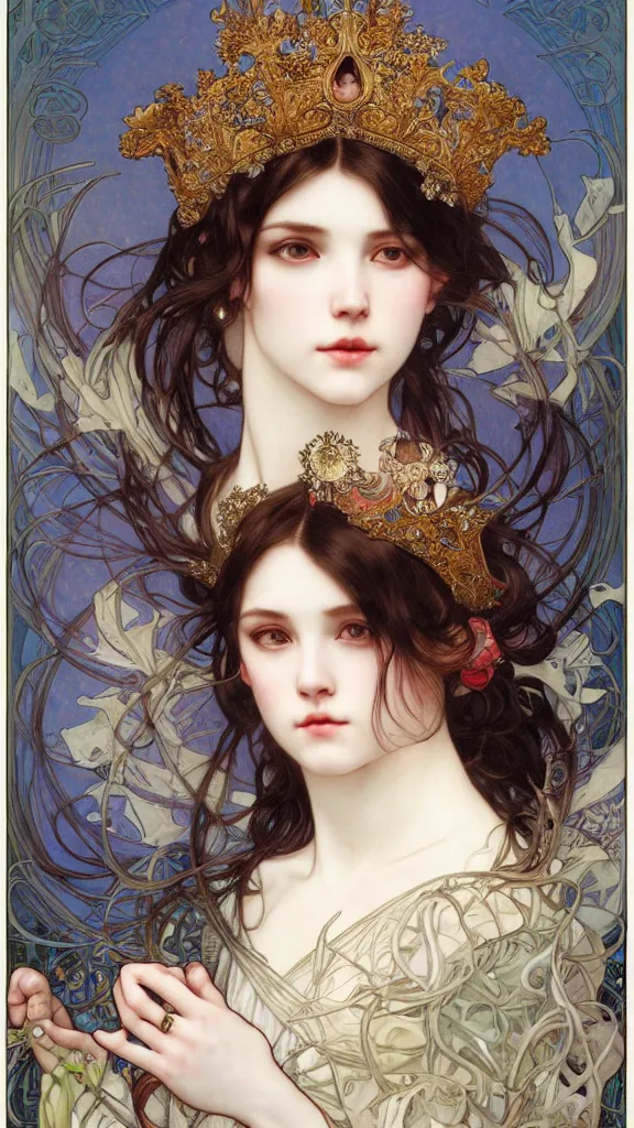 Prompt: highly detailed portrait of pale girl with black hair with a crown of her head by alphonse mucha, ayami kojima, yoshitaka amano, charlie bowater, karol bak, greg hildebrandt, jean delville, and mark brooks, 4 k resolution