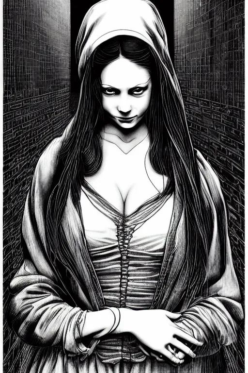 Image similar to beautiful portrait of a woman, negative no not mona lisa pose, highly detailed ink illustration of a dark alley of taipei, b & w clean shaped illustration by kim jung gi, ric estrada, ron english and eiichiro oda