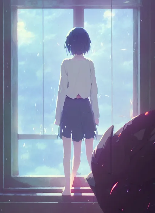 Image similar to interior background : { near the window, rainy outside }, no character, illustration concept art anime key visual trending pixiv fanbox by wlop and greg rutkowski and makoto shinkai and studio ghibli