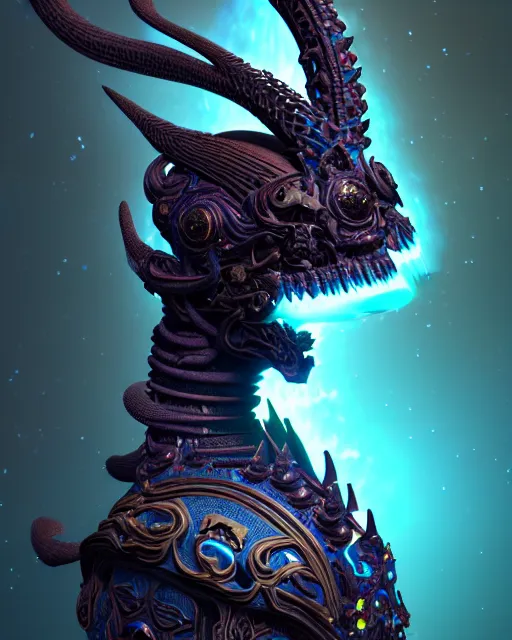 Image similar to 3 d ornate carved dark cosmic warrior with profile portrait, sigma 5 0 0 mm f / 5. beautiful intricate highly detailed quetzalcoatl skull. bioluminescent, plasma, lava, ice, water, wind, creature, thunderstorm! artwork by tooth wu and wlop and beeple and greg rutkowski, 8 k trending on artstation