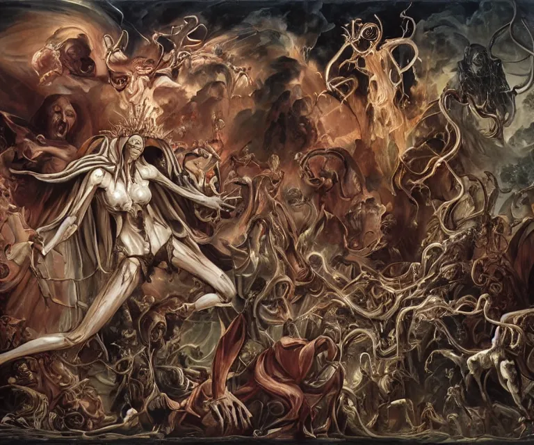 Image similar to elegant renaissance painting of sorceress final boss bodybuilder vecna battle, art by alex ross and peter mohrbacher, epic biblical depiction, flesh and bones, fangs, teths and tentacles, corpses and shadows!