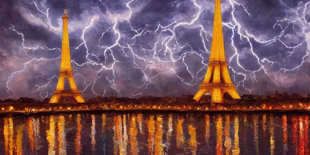 Prompt: lightning striking the Eiffel tower , cinematic lighting, detailed oil painting, hyperrealistic, 8k