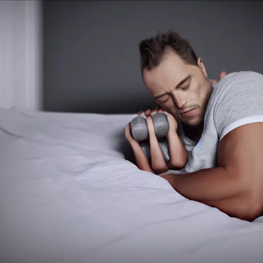 Image similar to a guy is asleep on on comfy bed , he his holding a dumbell in his hands. very detailed ,dramatic , octane render.