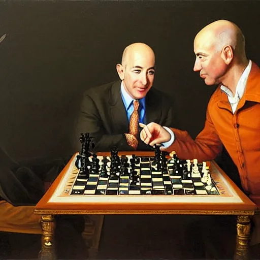 Prompt: jeff bezos with robin wiiliams playing chess looking wise, rococo oil painting, highly detailed