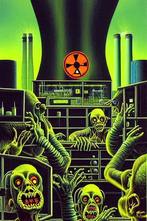 Prompt: a hyperrealistic detailed painting of an emergency at the nuclear power plant, radioactive chimeric radiation monsters eating the laboratory by chris cunningham and richard corben, highly detailed, vivid color,