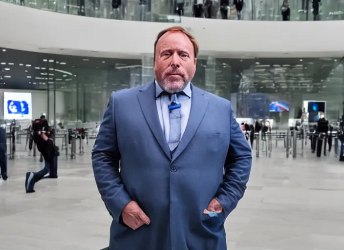 Image similar to dslr photo still of infowars host alex jones in a blue suit fat grey beard and mustache!!! depressed!!! in an!!! apple store trying to get his phone deleted!!!, 5 2 mm f 1. 8