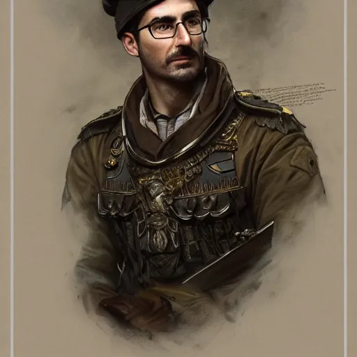 Prompt: portrait of stoic looking john oliver, military uniform, fantasy, intricate, elegant, highly detailed, centered, dark, smokey, charcoal painting, digital painting, artstation, concept art, smooth, sharp focus, illustration, art by artgerm and greg rutkowski and alphonse mucha