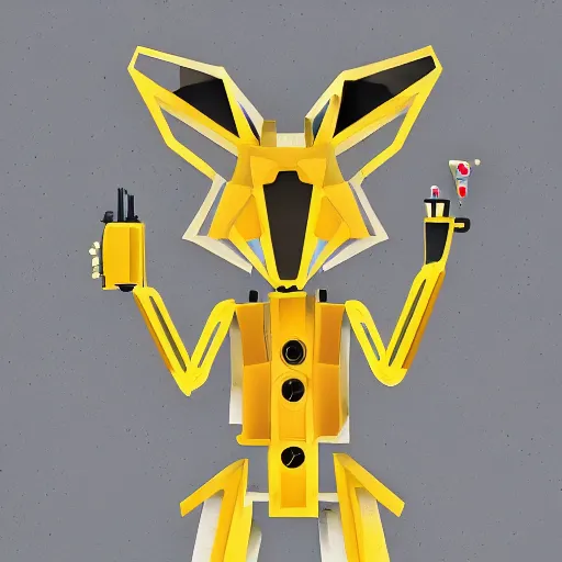 Image similar to a mechanical fox android, hydraulic joints, yellow and white construct, stylised, digital art