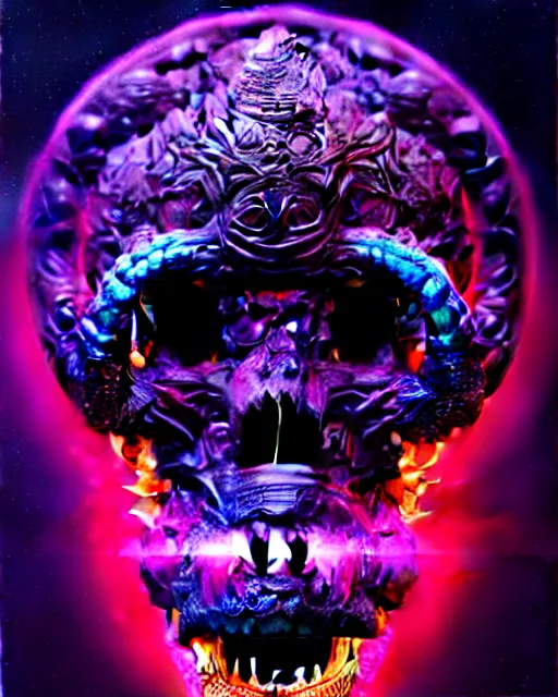 Image similar to 3 d ornate carved dark cosmic spirit with profile portrait, sigma 5 0 0 mm f / 5. beautiful intricate highly detailed quetzalcoatl skull. bioluminescent, plasma, lava, ice, water, wind, creature, thunderstorm! artwork by tooth wu and wlop and beeple and greg rutkowski, 8 k trending on artstation